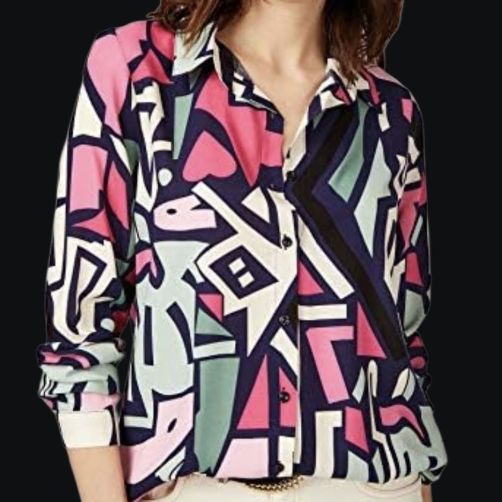 Big Dart Multicolor w/ Pink Geometric Heart Print Button Down Shirt - Size 16
